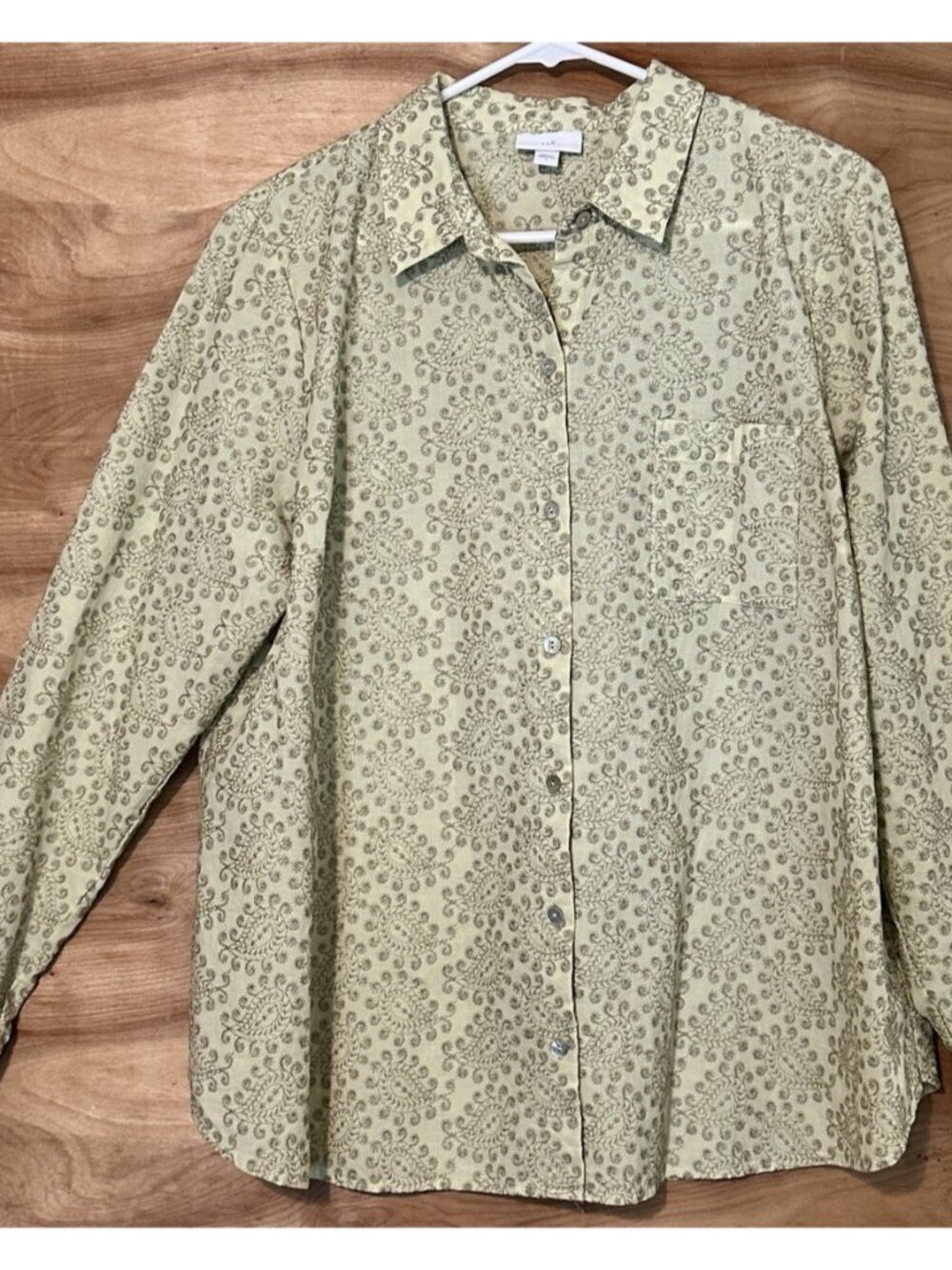 J. Jill Women Large Button Front Paisley Embroidered Blouse Green Long Sleeve